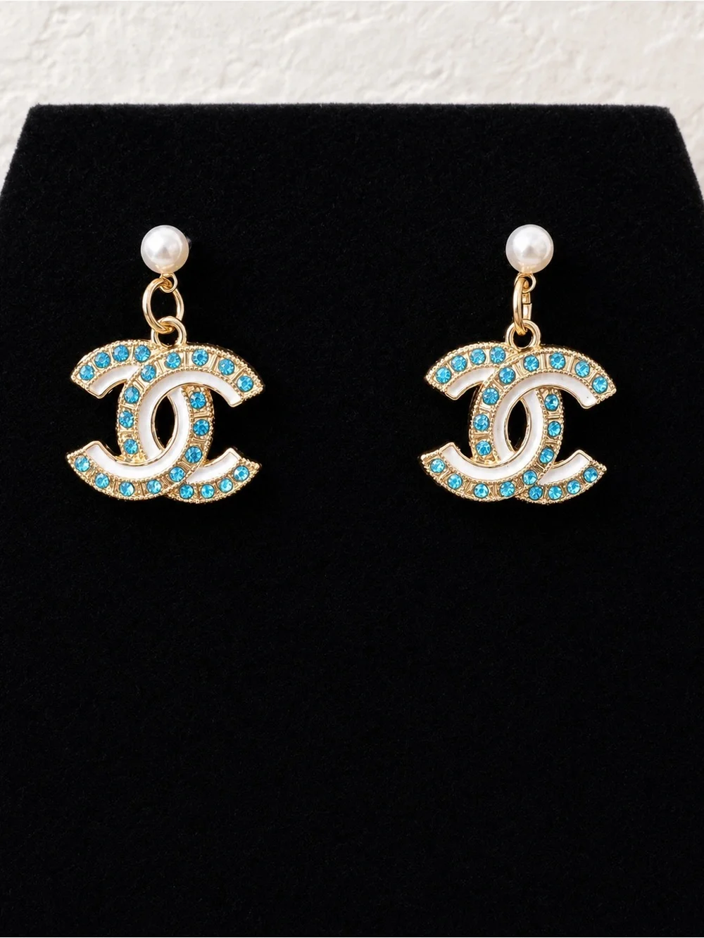 Gold Double-C Drop Earrings with Turquoise Crystals and Pearl Studs